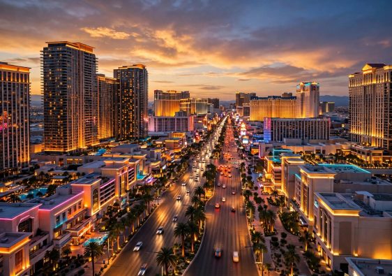 Las Vegas locals discounts at Caesars, with the Las Vegas Strip lit up at dusk.