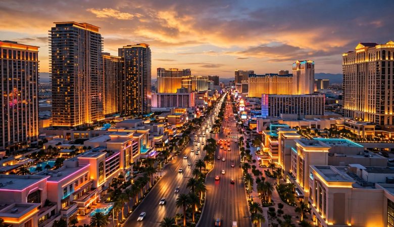 Las Vegas locals discounts at Caesars, with the Las Vegas Strip lit up at dusk.