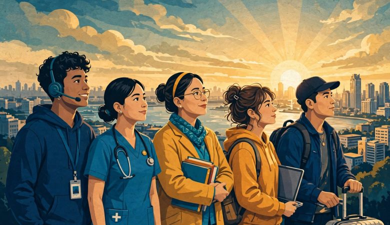 Filipino workers learning and working with AI - illustration for Laban, Pilipinas AI survival paper