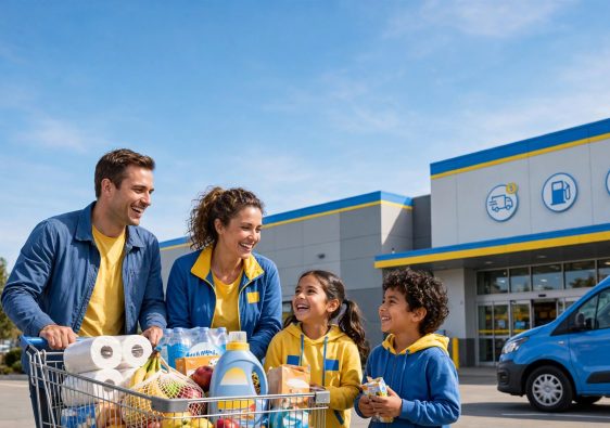 Family with a full shopping cart outside a warehouse store for the Walmart+ Sam's Club Plus bundle