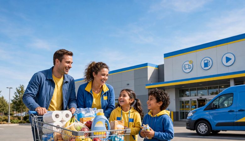 Family with a full shopping cart outside a warehouse store for the Walmart+ Sam's Club Plus bundle